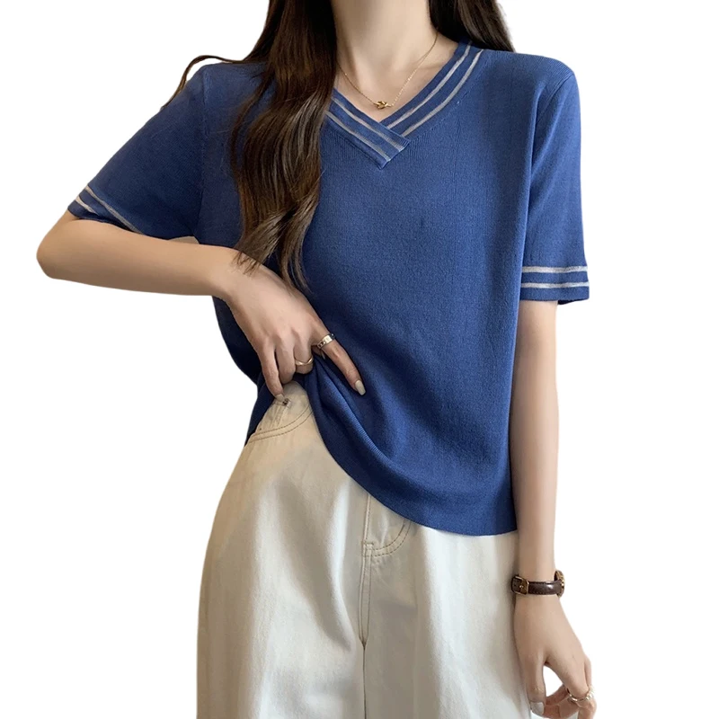 2023 Summer Elegant Knitted Pullover Sweaters Women Short Sleeve V-neck Knitwear Fashion Korean Soft Ladies Jumpers Tops