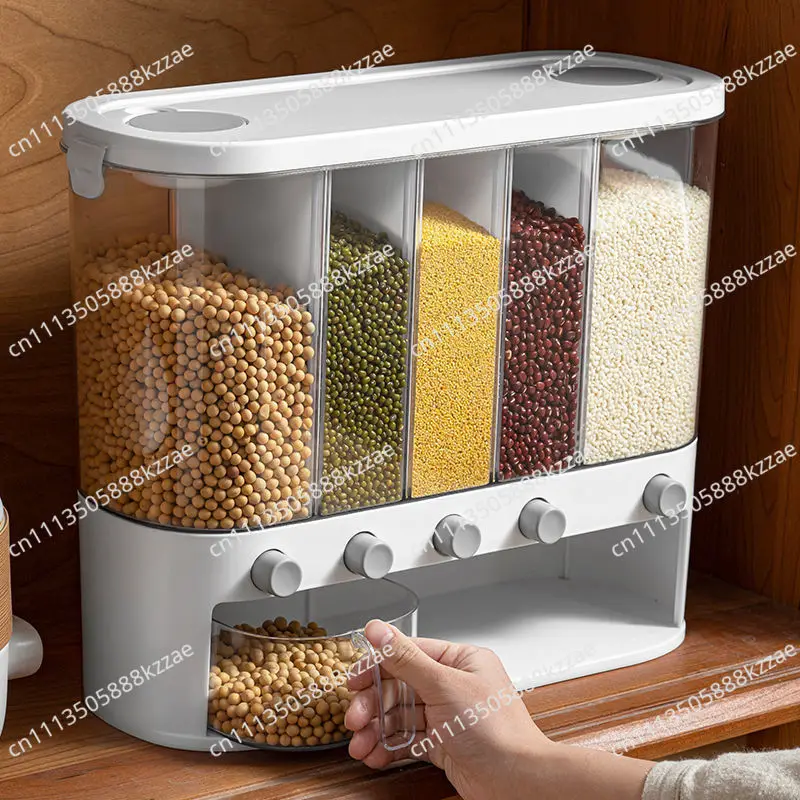 Sealed Rice Storage Box 12L 5 Grid Cereal Grain Container Dry Food Dispenser Grain Storage Jar Bucket Home Kitchen Storage Tools