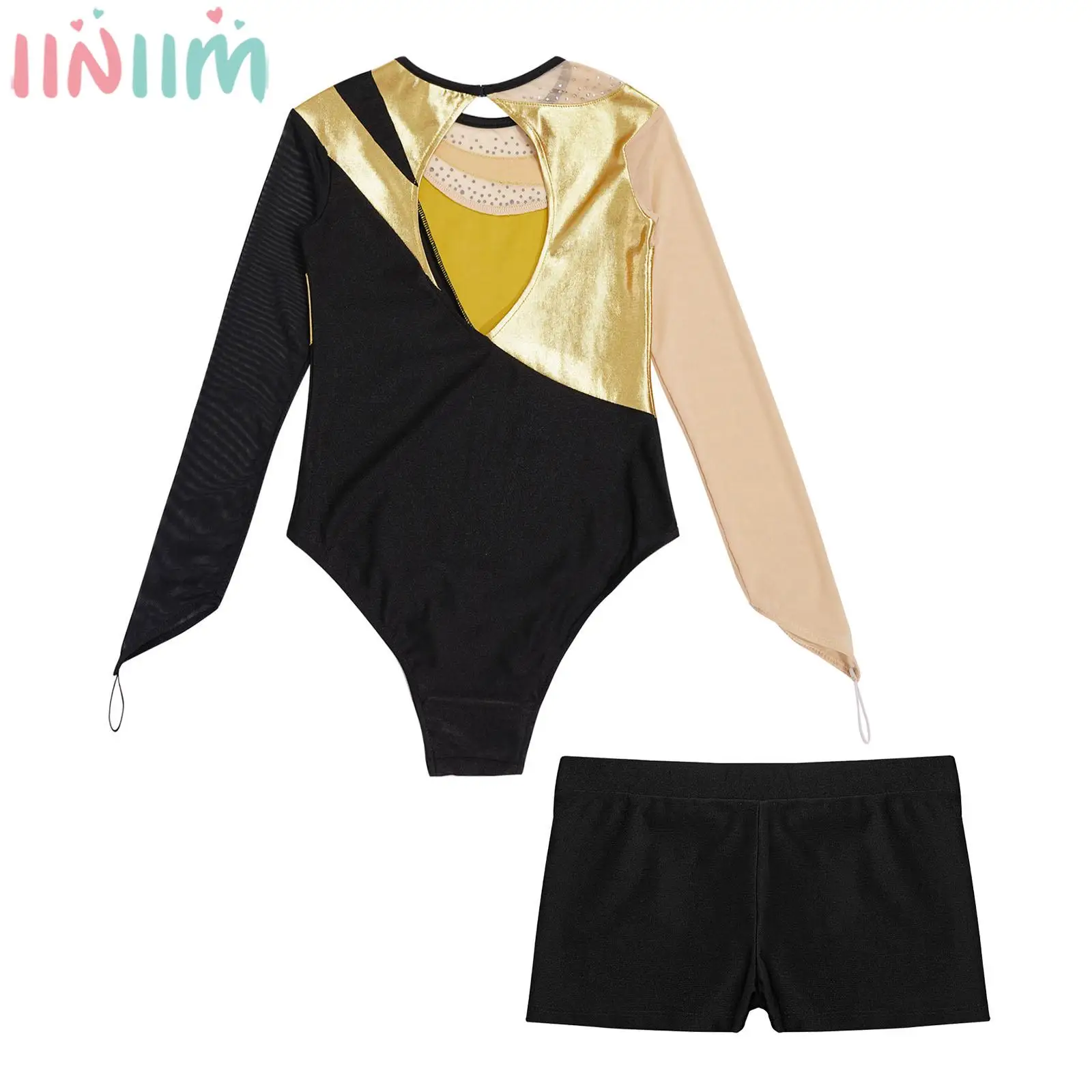 Kids Girls Long Sleeve Metallic Shiny Sheer Mesh Figure Skating Leotard with Shorts Ballet Dance Gymnastics Acrobatics Bodysuit