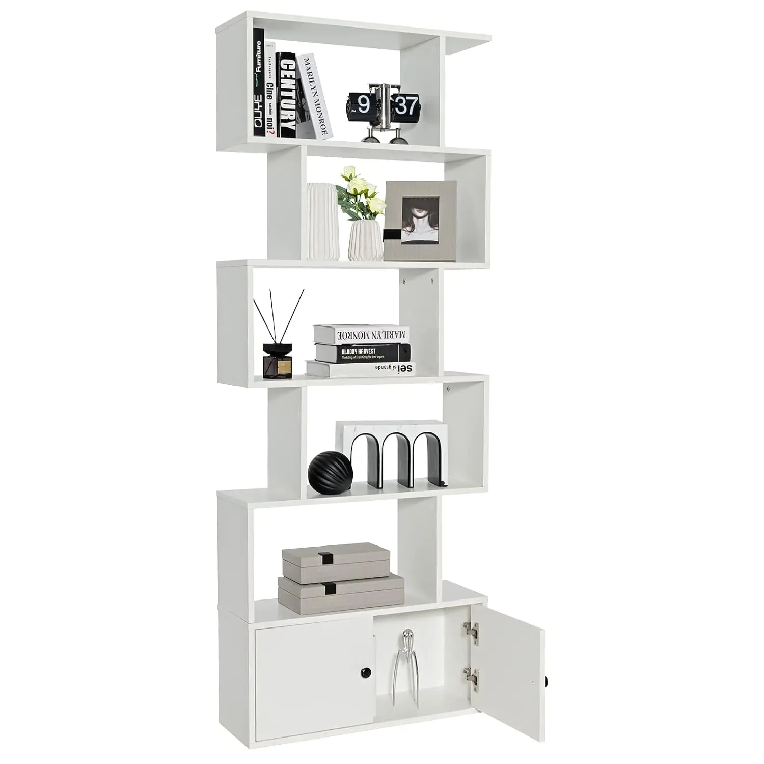 

6-Tier S-Shape Bookshelf Cabinet Freestanding Geometric Display Storage Living Room Home Office Anti-Topple White,Customized