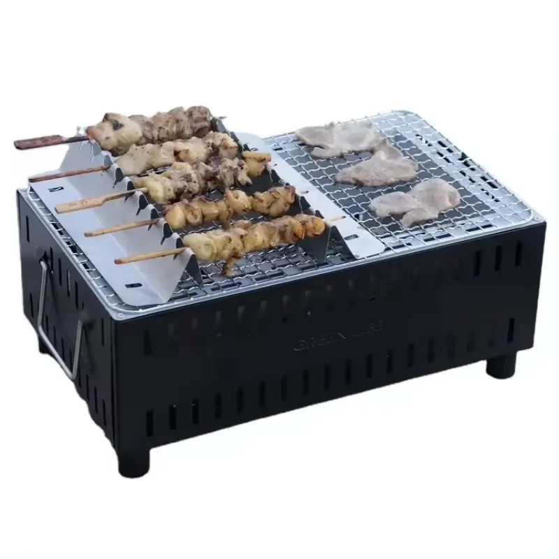 Parrilla de barbacoa de carbón de color negro mate con soporte Yakitori incluido portátil