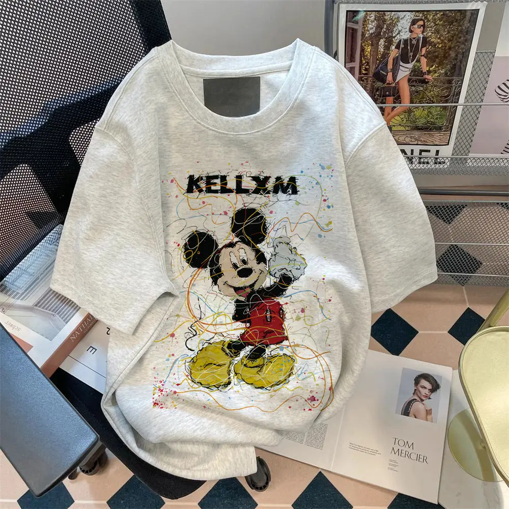 

Disney Summer New Fashion Brand Printed Mickey Cotton T-shirt Cartoon Round Neck Unisex All-in-one Loose Short Sleeve Top