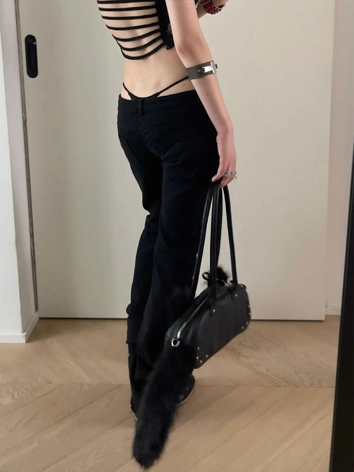 Low Waist Bell Bottom Jeans Women's Spring Autumn Black Drapey Denim Micro Flared Pants Sexy Girl Rivet Splicing Slimming Lon...