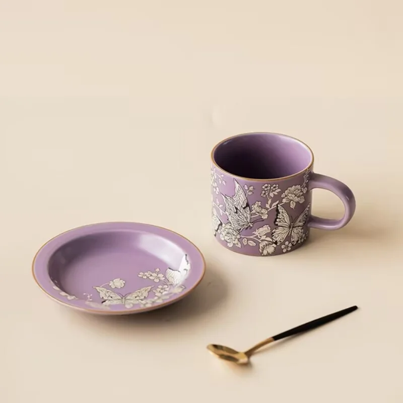 

Purple You Silver Butterfly Love Flower Afternoon Tea Coffee Cup Plate Home Office Personal Water Cup Mug Tea Cup