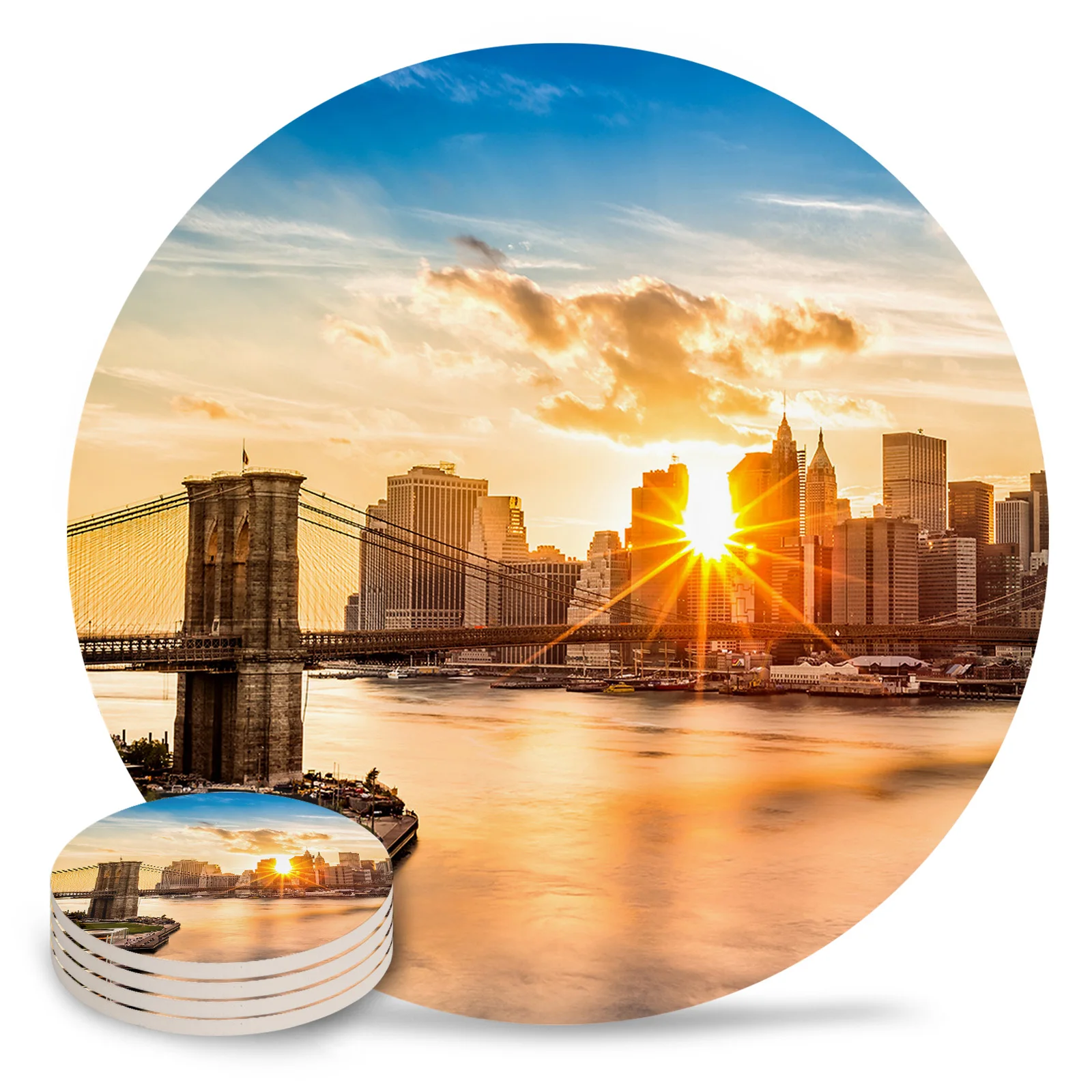 Brooklyn Bridge Manhattan City Ceramic Coaster Set Kitchen Table Round Placemat Luxury Decor Coffee Tea Cup Coasters