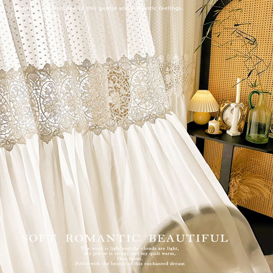 1Pc,White Fluff Balls Dotted Splice Pure Tulle with Hollow out Lace Curtains ,French Romantic Sheer Curtains for Bedroom