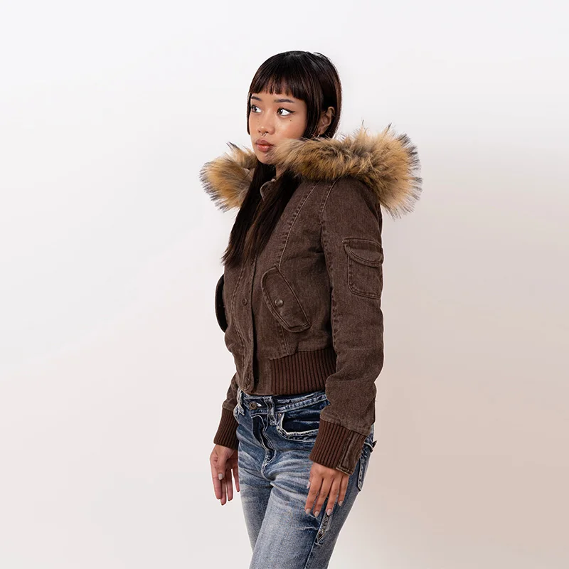 

2025 Winter Autumn Female Outerwear Women's Vintage Brown Short Hooded Jacket Stand Neck Full Sleeve Slim Detachable Fur Collar