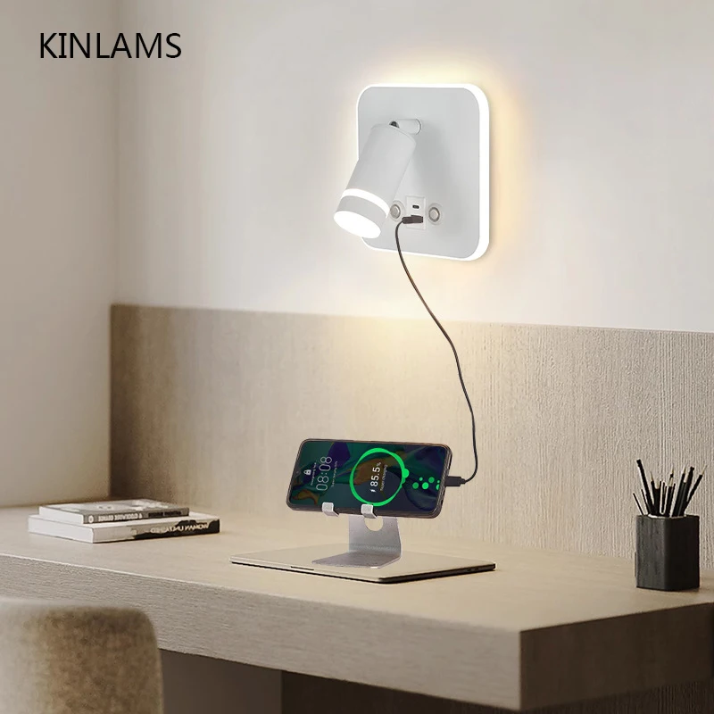 USB Mobile Phone Rechargeable Wall Lamp Creative Spotlight Touch Type-C Wall Lamp Simple Bedside Reading Wall Light Hotel Lamp