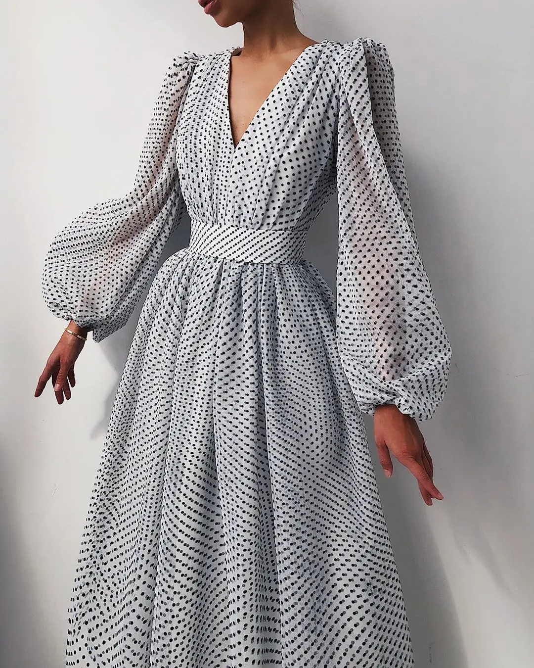 2024 Summer Evening Women's Prom Dress A-line V-neck Polka Dot Mesh Puff Female Midi-length Dresses Elegant Party Lady Clothes