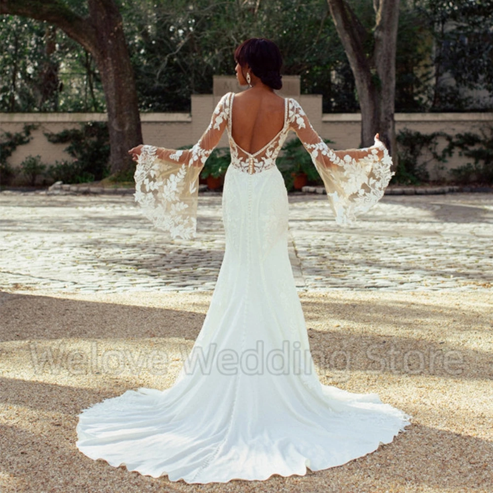 Exquisite Flare Long Sleeve Applique Wedding Dress Sexy Deep V-Neck Open Back Mermaid Floor Length Sweep Train with Button Gowns