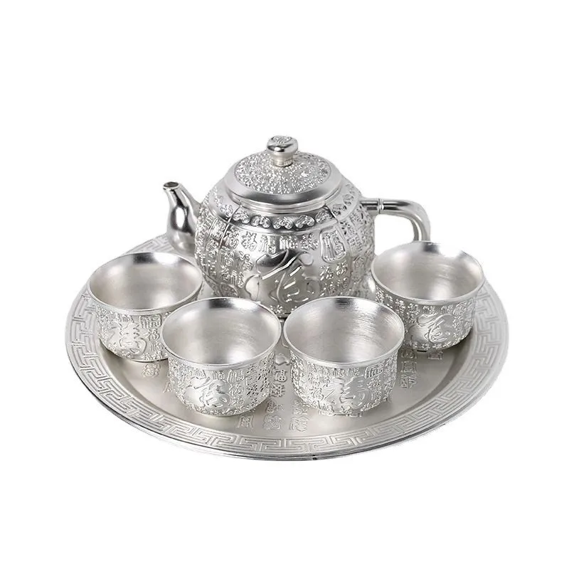 Silver cup 999 sterling silver dragon Totem tea set wine tray pot Chinese retro tea set holiday gift