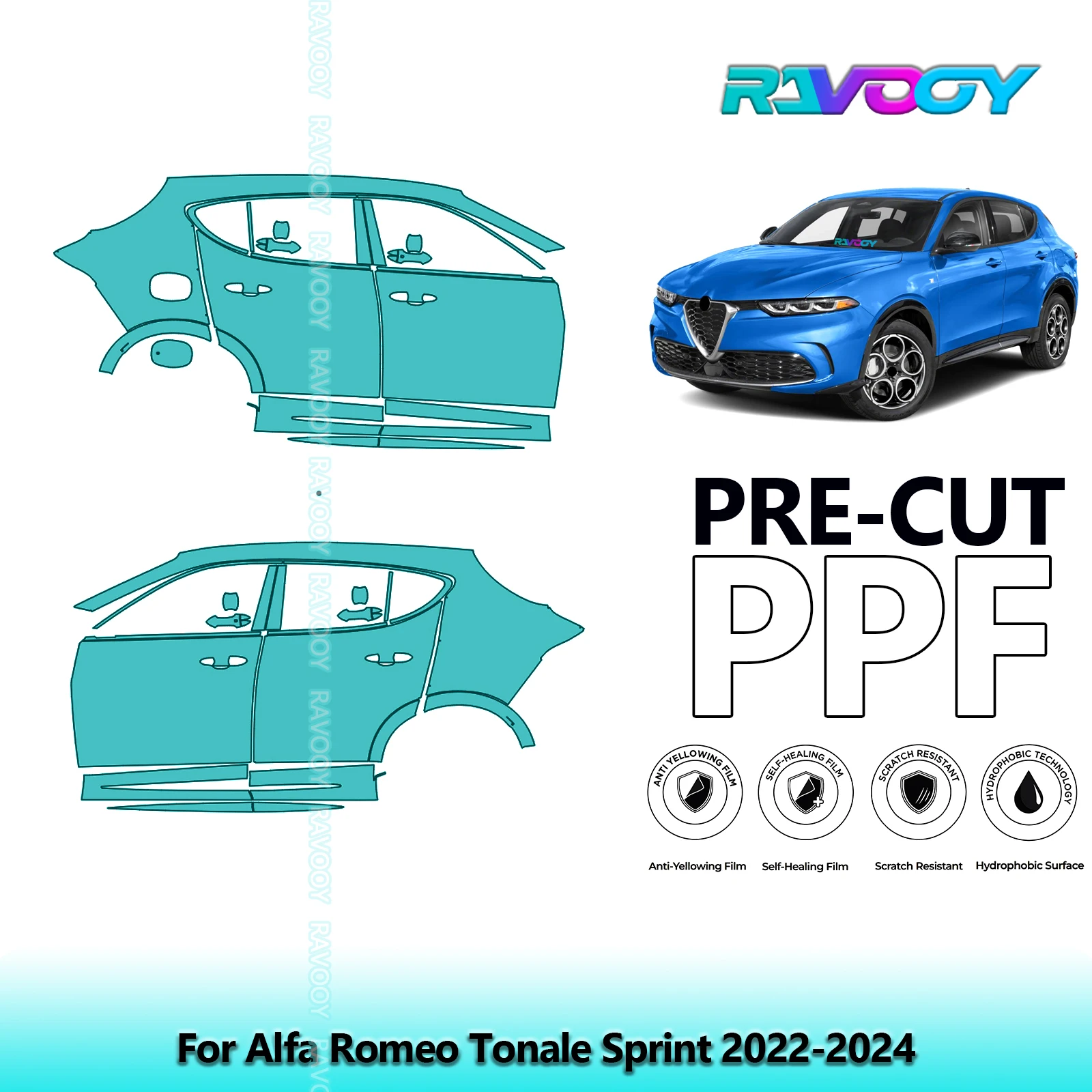 

For Alfa Romeo Tonale Sprint 2022-2024 8.5mil Clear Matte Pre-Cut PPF Door & A/B Pillar Kit TPU Paint Protection Film Set
