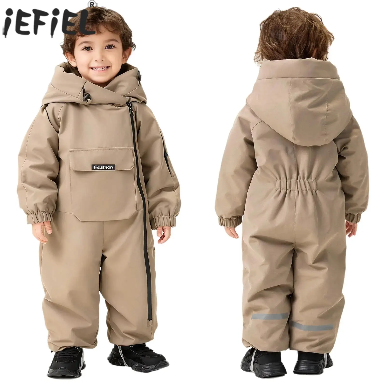 Infant Winter Windproof Waterproof Snowsuit Fleece-Lined Warm Hooded Padded Jumpsuit Long Sleeve Zipper Ski Rompers Outerwear