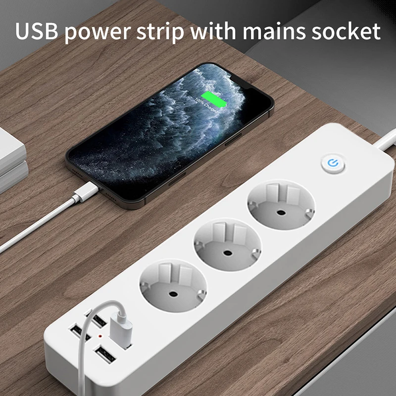 2200w 10A EU Plug Socket With 4 USB Charging Ports 5V 2.4A 3 Outlet 1.8M Extension Cord Fast Charge For Home Office Smartphone