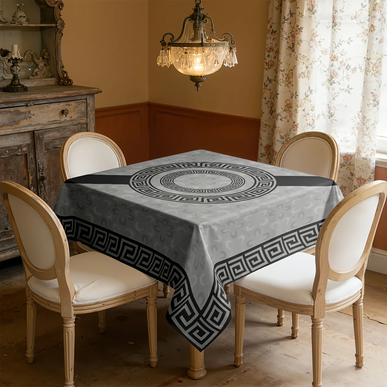 Luxury-lite Greek wave pattern tablecloth, modern gray geometric Greek pattern table cover, machine washablezyc