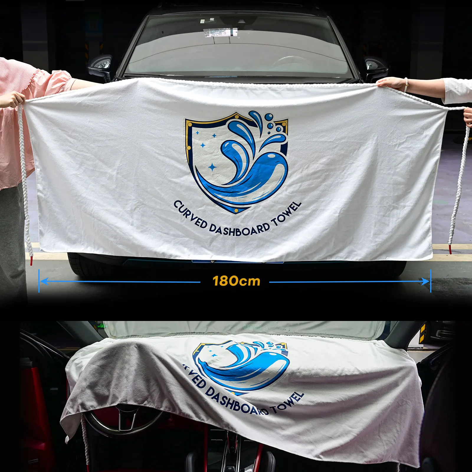FOSHIO Arc Edge Dashboard Cover Cloth Windshield Tint Tool Car Wash Water Absorbent Long Soak Rope &Cleaning Towel 180x90cm Big