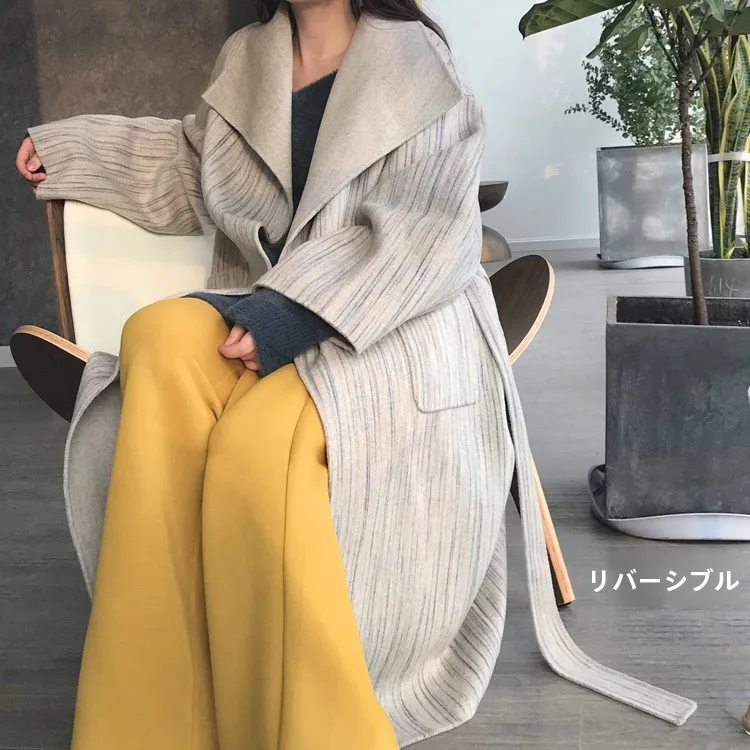 

Double-Sided Long Handmade Woolen Coat with Large Collar And Striped Pattern Casual Style Pure E-commerce Sale Youth Female