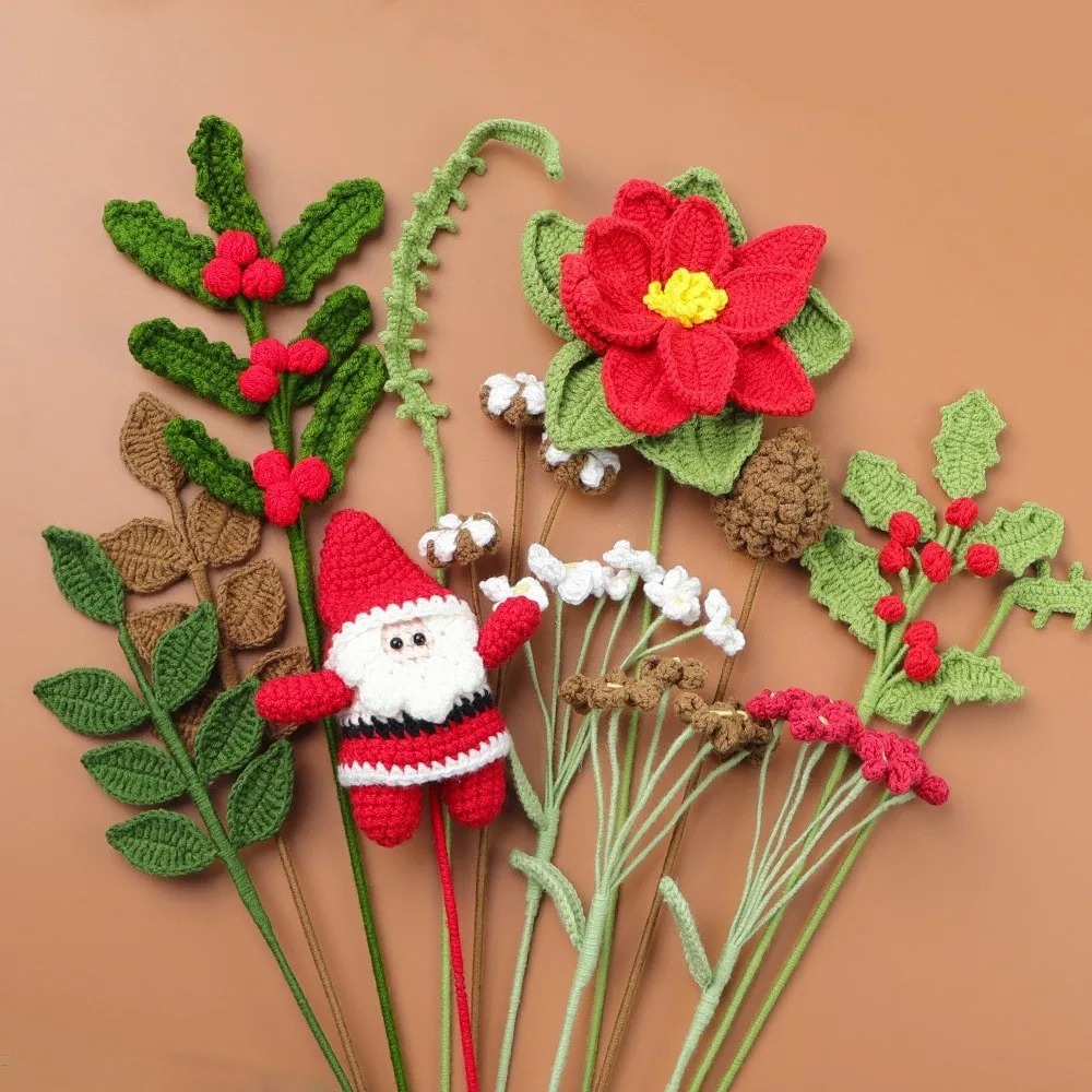 Gehäkelter Weihnachtsstrauß, gestrickter Weihnachtsmann-Blumenzweig, künstliche Blume, Weihnachtsdekoration, schönes Geschenk – Detail 1