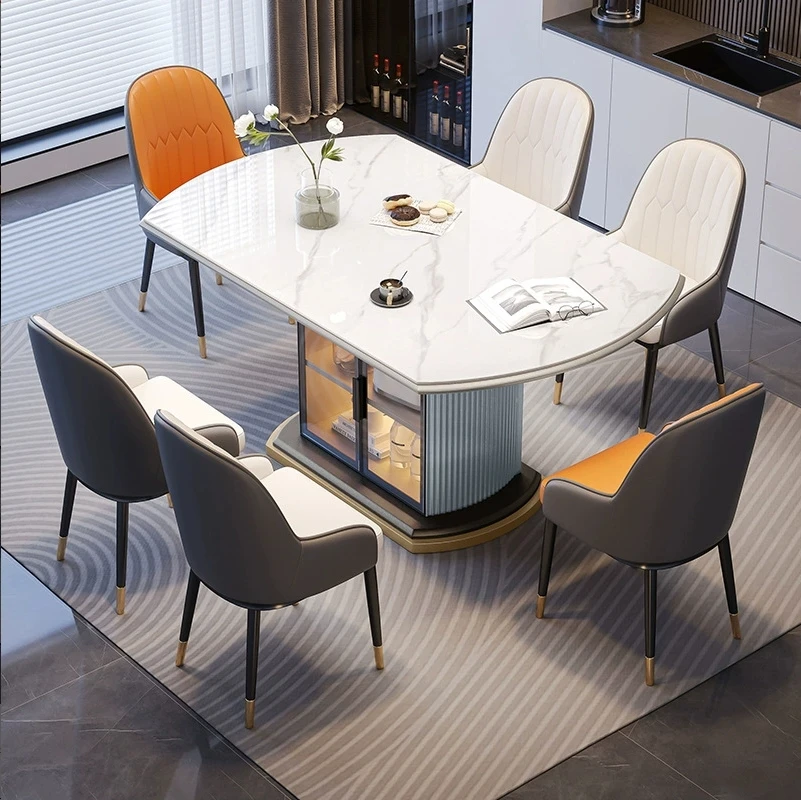 ^& Dining Table Set of Six Chairs Cherry Wood - Marble Tableware, Luxury Fabric Modern Dining Chairs Home Table & Chairs Set