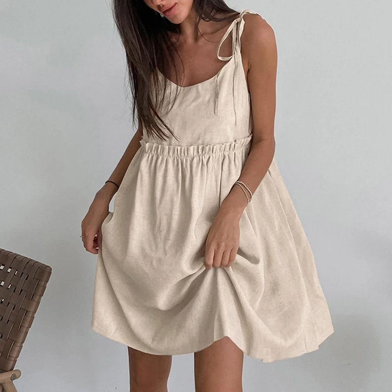 

Women's summer dress spaghetti strap cotton and linen dress solid color suspender babydoll sexy dress