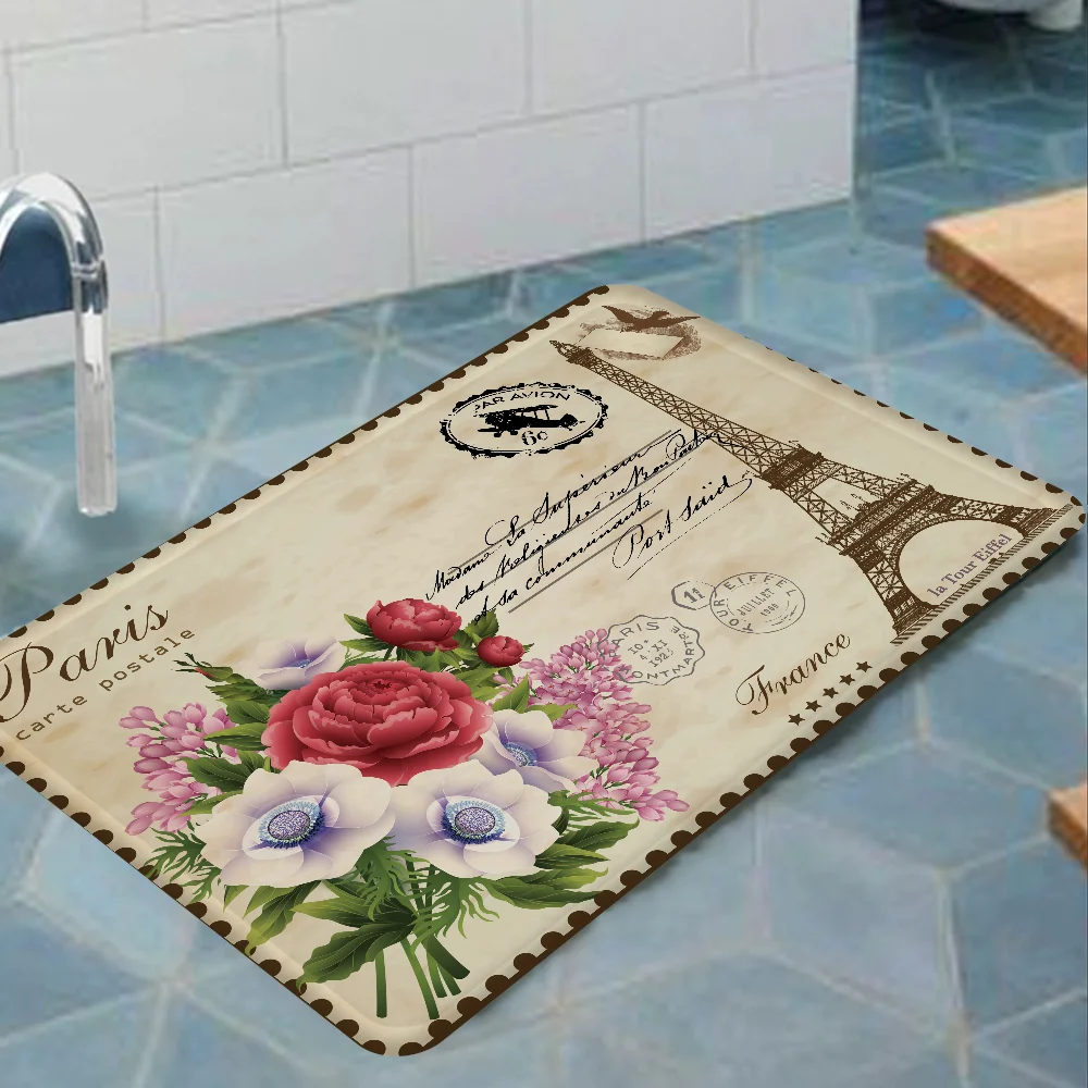 Paris Vintage Postcard Bathroom Mat Non-Slip Laundry Room Mat Laundry Decor Balcony Child Living Room Toilet Rug