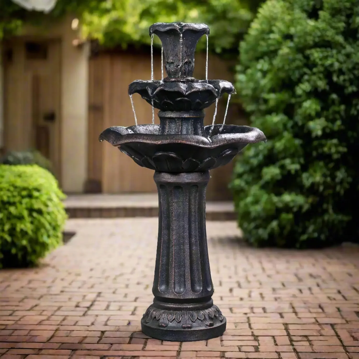 Lily Flower Floor Pedestal 3 Tiered Floor Waterfall Fountain with Pump for Outdoor Patio Garden Backyard Decking, 38 Inch Height