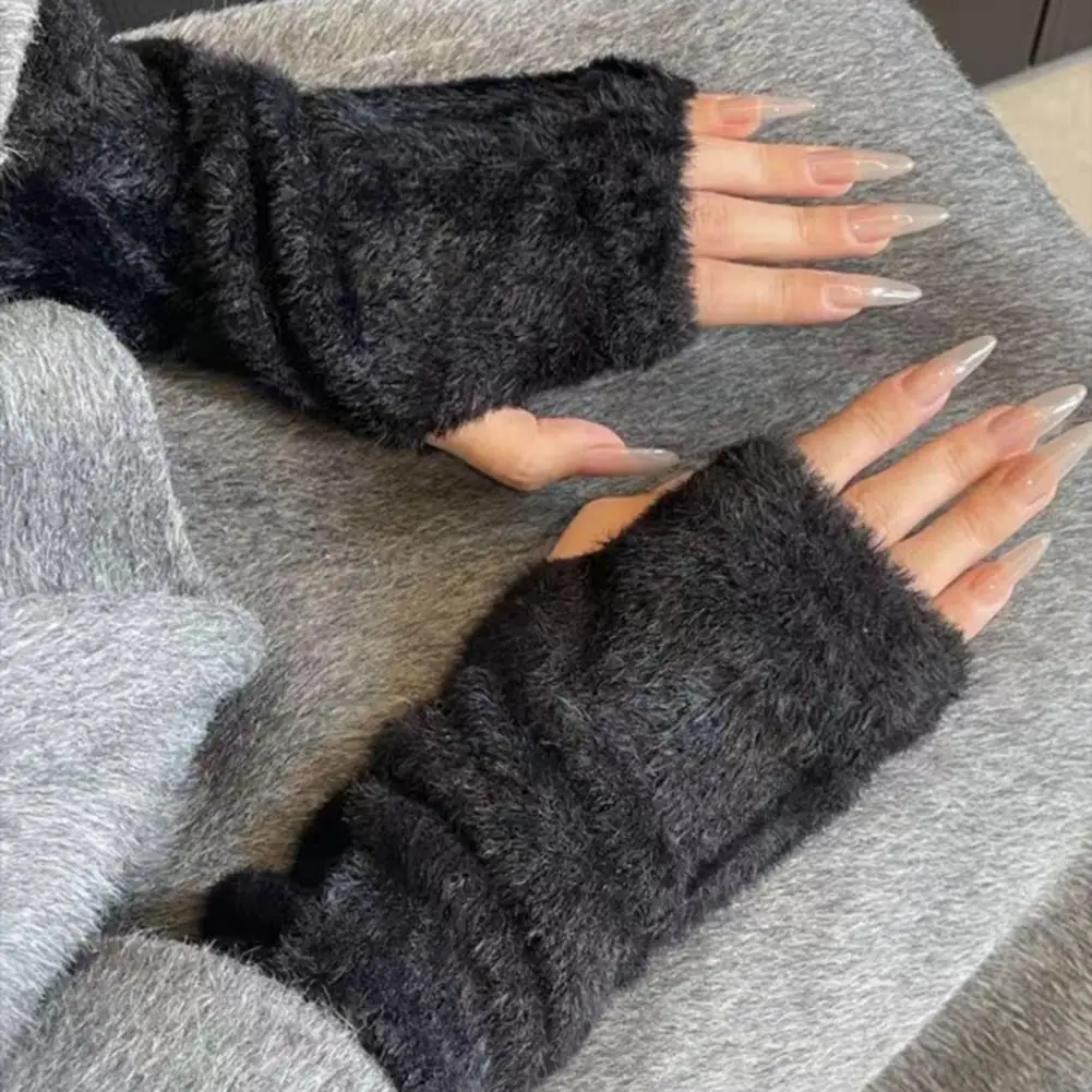 1 Pair Fall Winter Gloves Half Fingers Knitted Faux Fur Arm Warmers Mittens Arm Sleeves Keep Warm Windproof Cycling Arm Covers