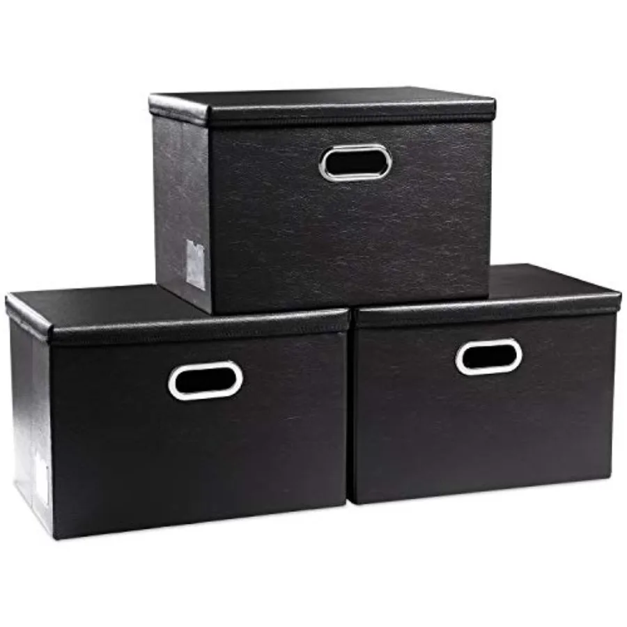 

Large Foldable Storage Bins with Lids [3-Pack] Leather Fabric Collapsible Storage Boxes Organizer Containers Baskets Cube with