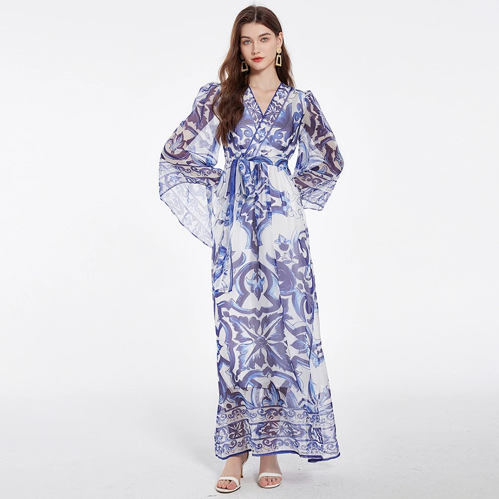 Summer Bohemian Red Blue And White Porcelain Dress Women's Batwing Long Sleeve Floral Print Beach Runway Party Robe Maxi Vestido