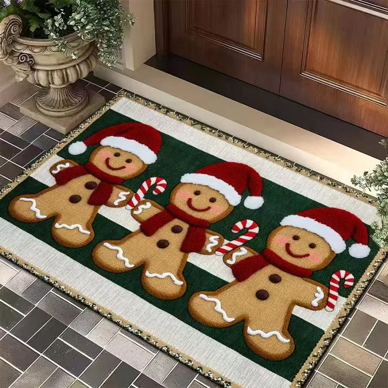 VIKAMA Burlap Stripe Three Gingerbread Men Door Mat Durable Machine Washable Entryway Kitchen Bathroom Holiday Home Decor