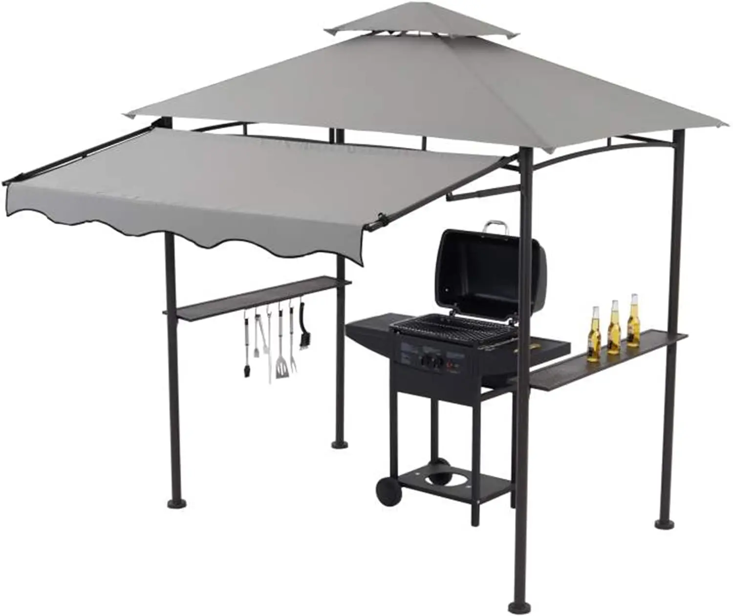 

Double Tiered Grill Gazebo 5x8, Outdoor BBQ Patio Canopy Tent with Stretchable Side Awning (Light Grey)