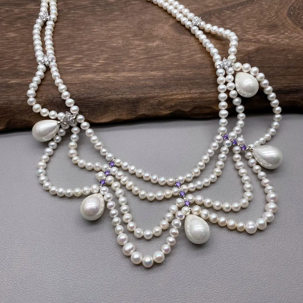 KKGEM 3-4MM round Cultured White Pearl  Sea Shell Pearl Pendant  Teardrop Necklaces Gold Tone Chain Collier Necklace Jewelry