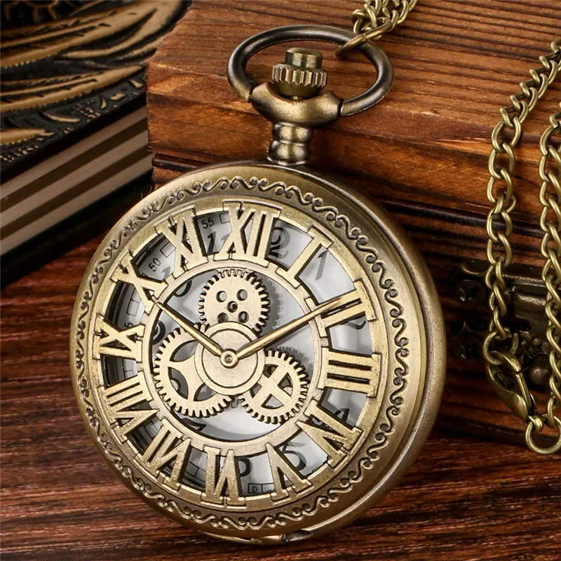 Vintage Pocket Watch Hollow Out Gear Cover Roman Number Case Quartz Movement Clock with Necklace Pendant Chain Timepiece Reloj