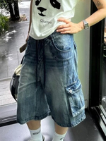HOUZHOU American Retro Blue Jeans Shorts Women Harajuku Y2k Washed Vintage Jorts High Waist Streetwear Wide Leg Denim Shorts