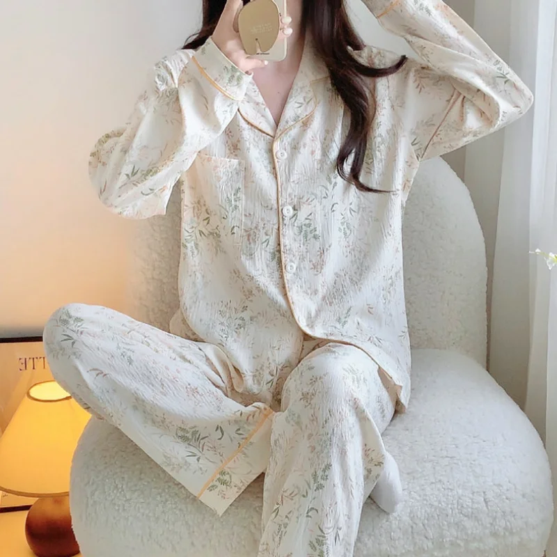 2024 New Women\'s Pajamas Set Spring Autumn Long Sleeve Cloud Cotton Sleepwear Student 2 Piece Pijamas Girl Casual Loose Homewear