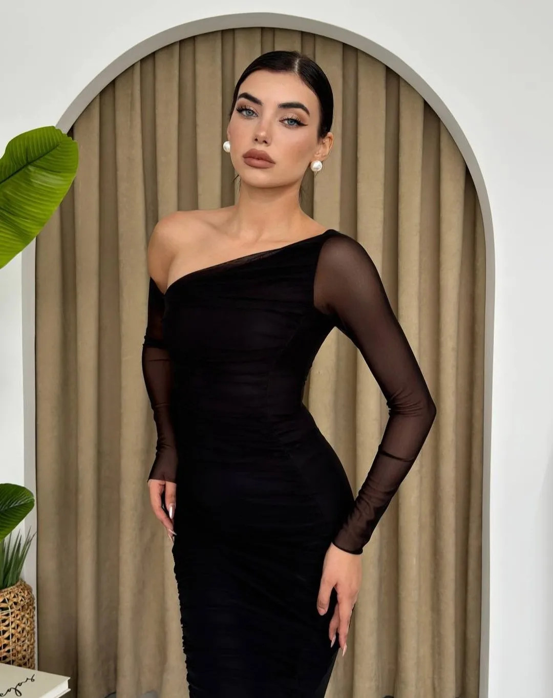 Customized Chiffon Straight One Shoulder Evening Dress Tea Length Long Sleeves High Quality Photo Color Vestidos de fiesta