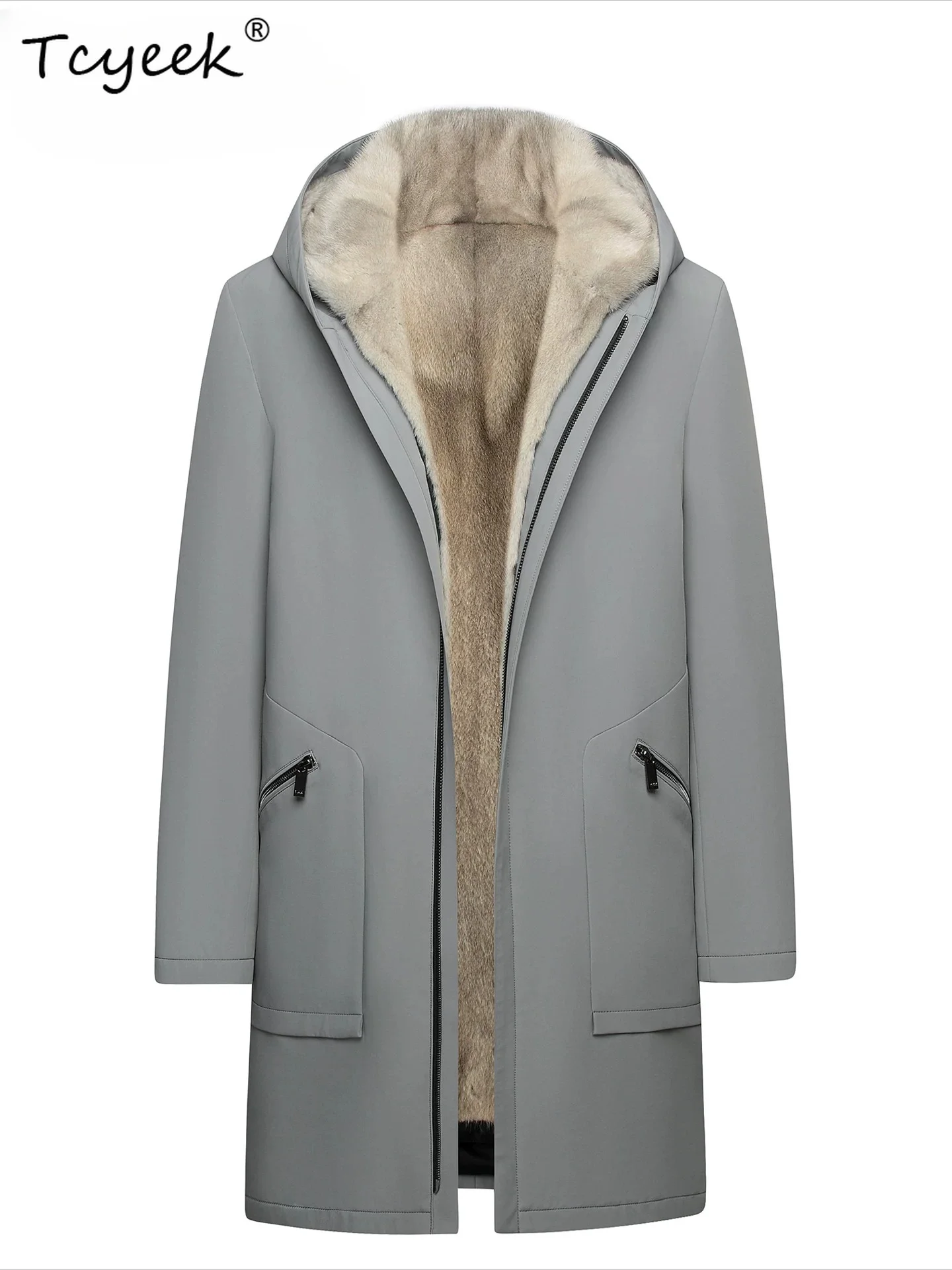 Tcyeek Natural Mink Coat Men Whole Sliver Blue Mink Real Fur Jackets for Man Winter Clothes Long Parka Hoodie Мех Натуральный