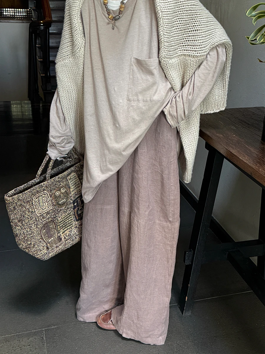 

Owi Casual Wide Leg Pants Full Linen Elastic Waist Loose Slimming Design Long Trousers Ladies Casual Faion Autumn Season