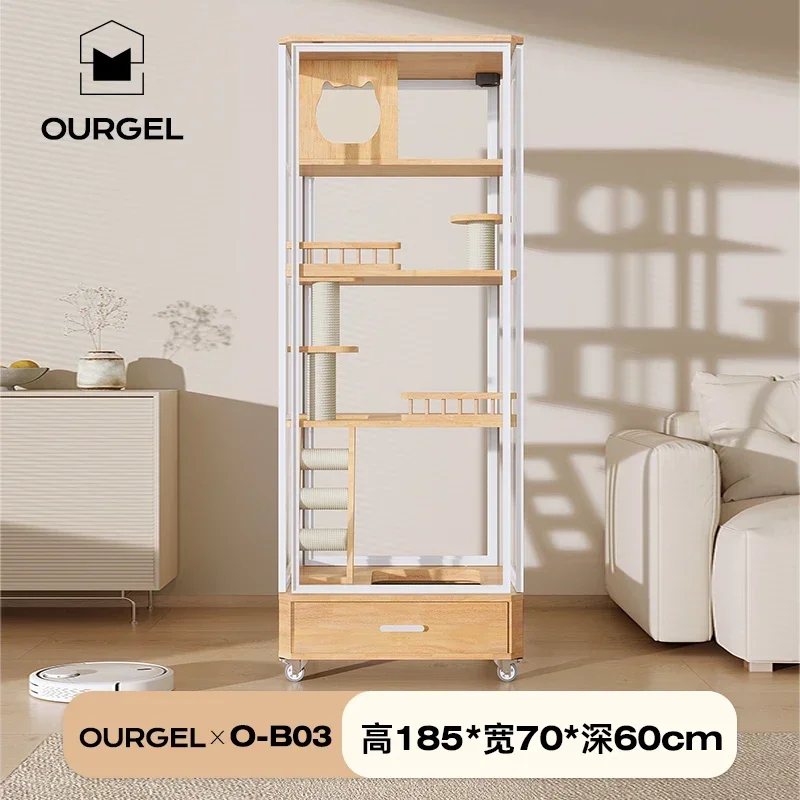 A  Solid wood cat cabinet does not occupy a panoramic glass cat villa household integrated cat litter box with drawers