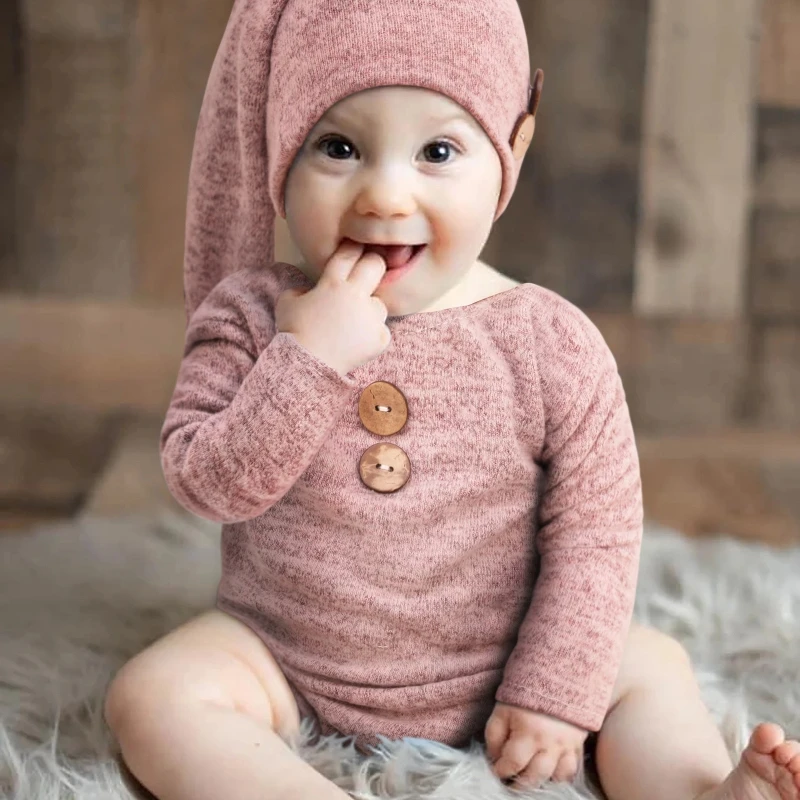 Newborn Baby Long Sleeve Onesie with Knotted Long Tail Hat Set Buttons Solid Color Infant Bodysuit Rompers Photo Outfits D5QF