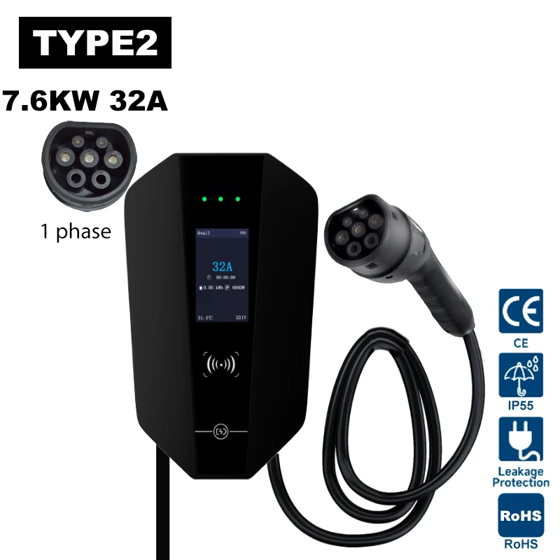 

JIGU EV Charger 32A 7.6KW Electric Vehicle Car Charger EVSE Wallbox 1 Phase Type2 Cable IEC62196-2 Socket APP Control