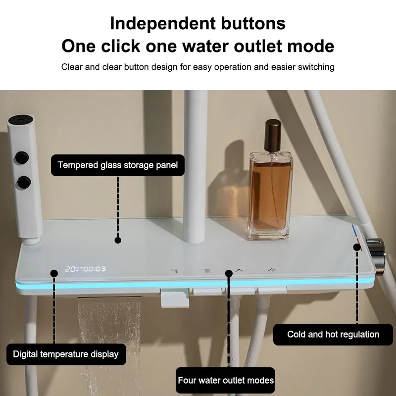 Piano Button Ambient Light Shower System Set Modern s For Bathroom Brass Glass Shelf  Digital Display