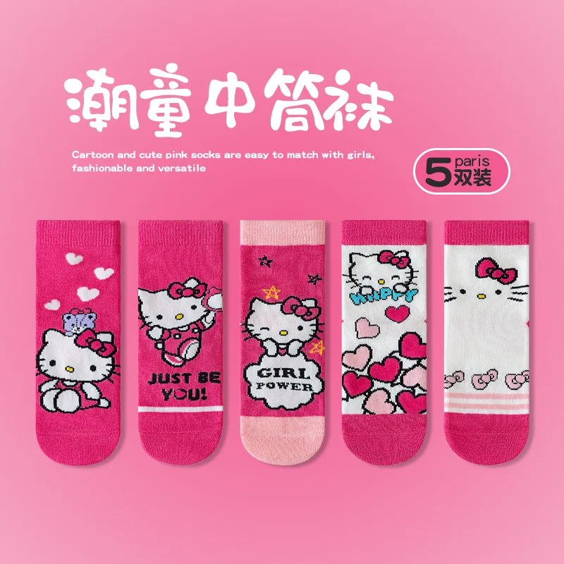 Sanrio-Hello kitty para niños, calcetines Kawaii de dibujos animados, medias de media pantorrilla de algodón, regalos para niñas, 5 pares