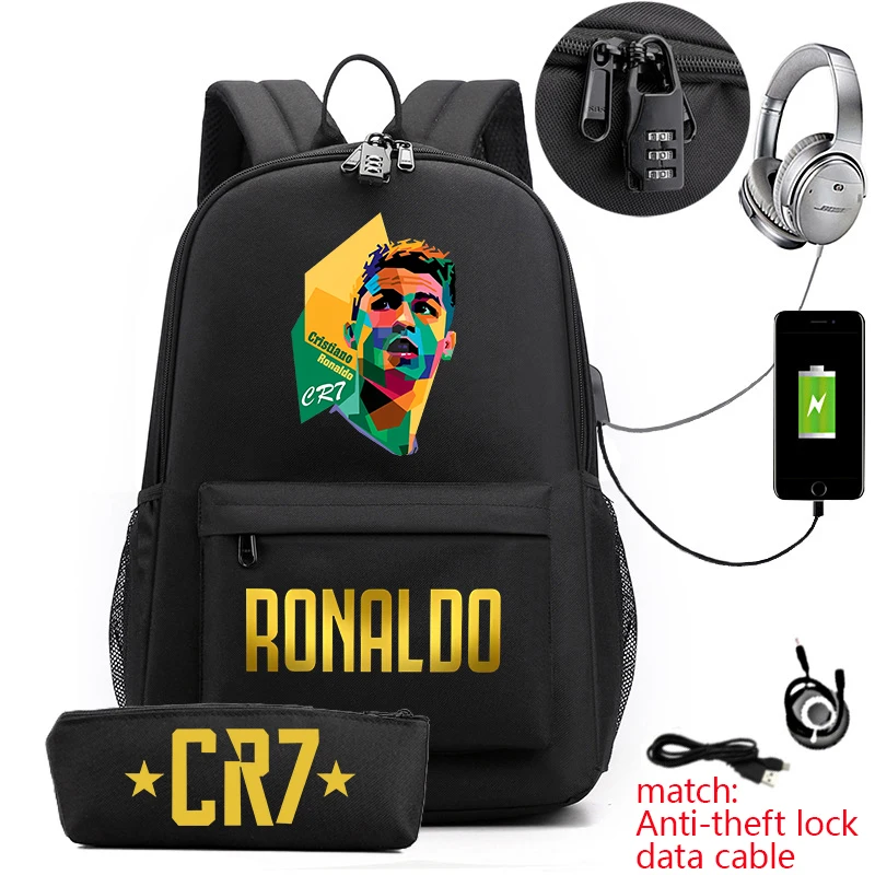 Ronaldo print borsa da scuola primaria e secondaria zaino per giovani borsa da viaggio USB con serratura antifurto