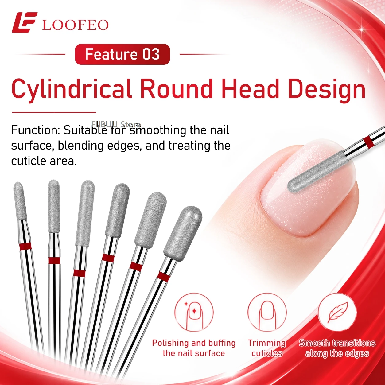 Diamond Nail Drill Bits 6pcs Fine Grit Set 6 Different Size E-File Bits Milling Cutter for Manicure Cuticle Dead Skin Refining