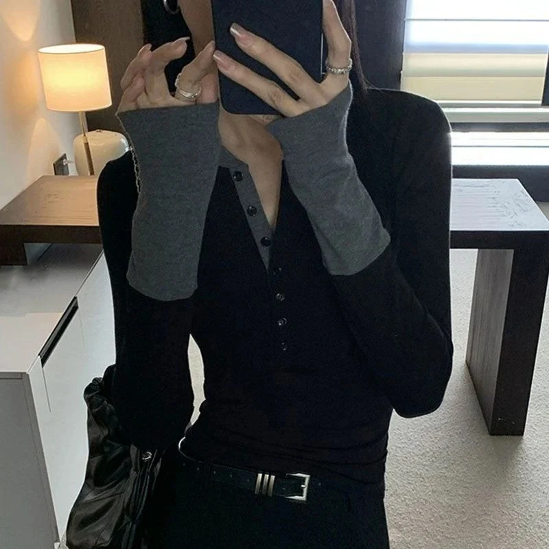 تي شيرت المرأة الخريف موضة جديدة كم طويل سليم تمتد زر المرقعة خمر Y2k بلايز السيدات عادية تي شيرت