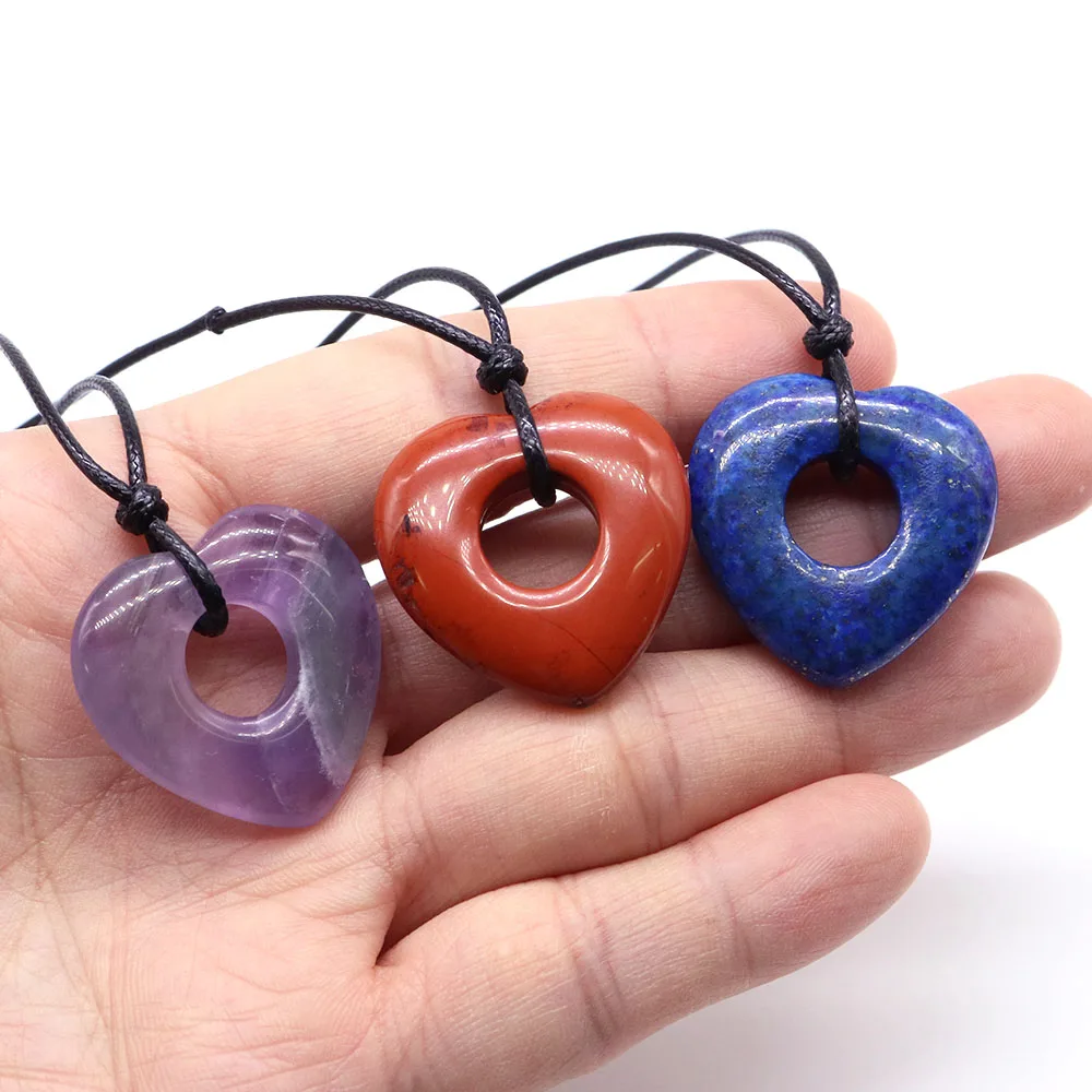 

Charming Big Hole Beads Natural Stone Heart Shape Pendant Necklace Handmade Carved Reiki Healing Jewelry Accessories Gift