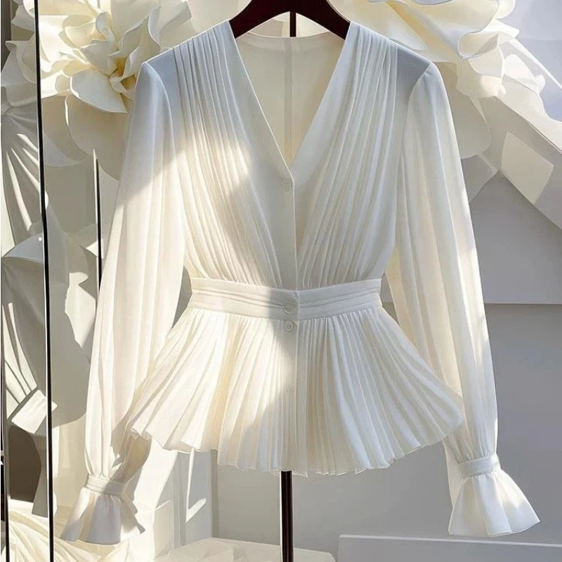 New Temperament V Neck Pleated White Blouse Women Clothing Long Sleeve Solid All-match Elegant Shirt Tops Fashion High Street