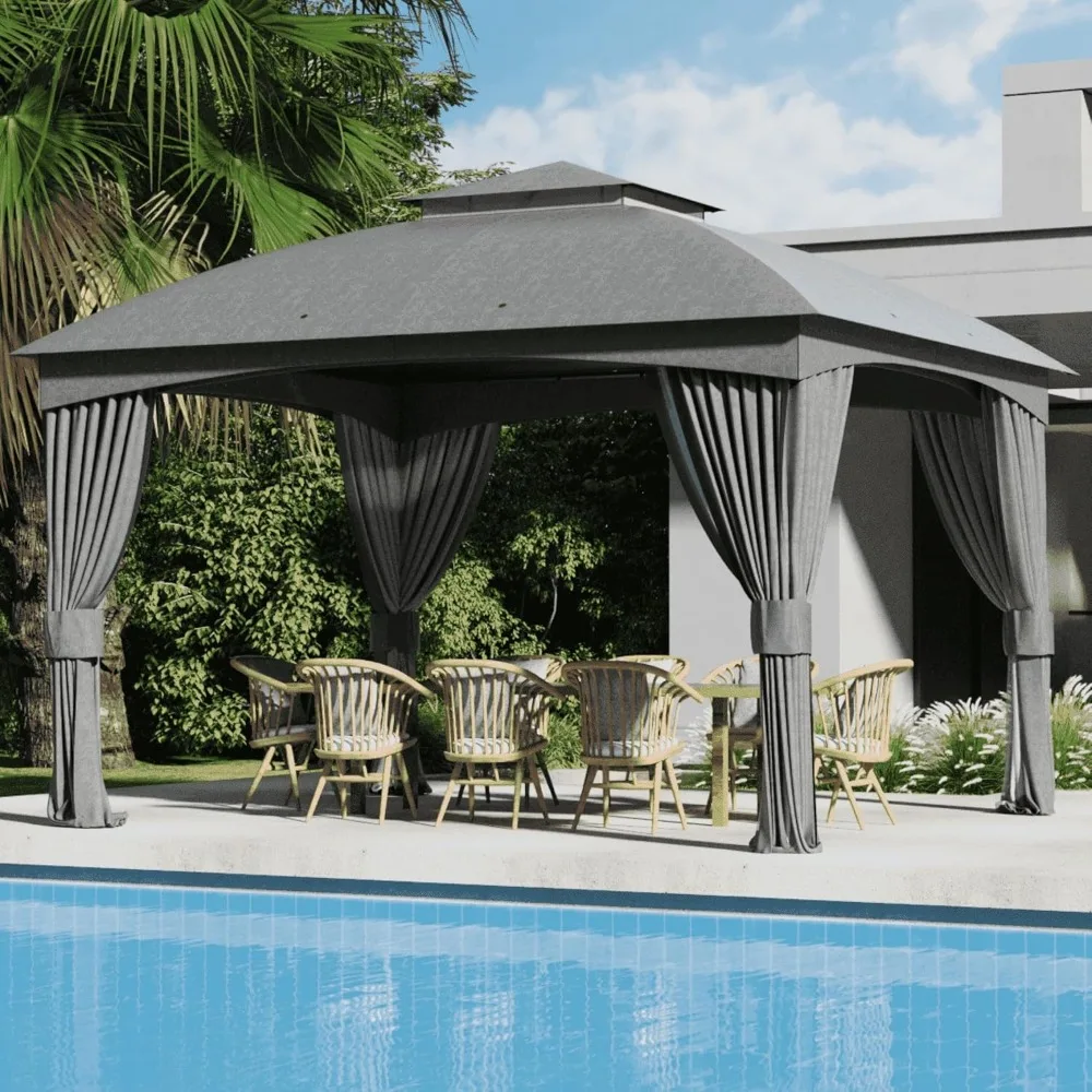 

11 x 13 foot outdoor terrace pavilion with galvanized steel metal frame and double roof, including curtains and mesh