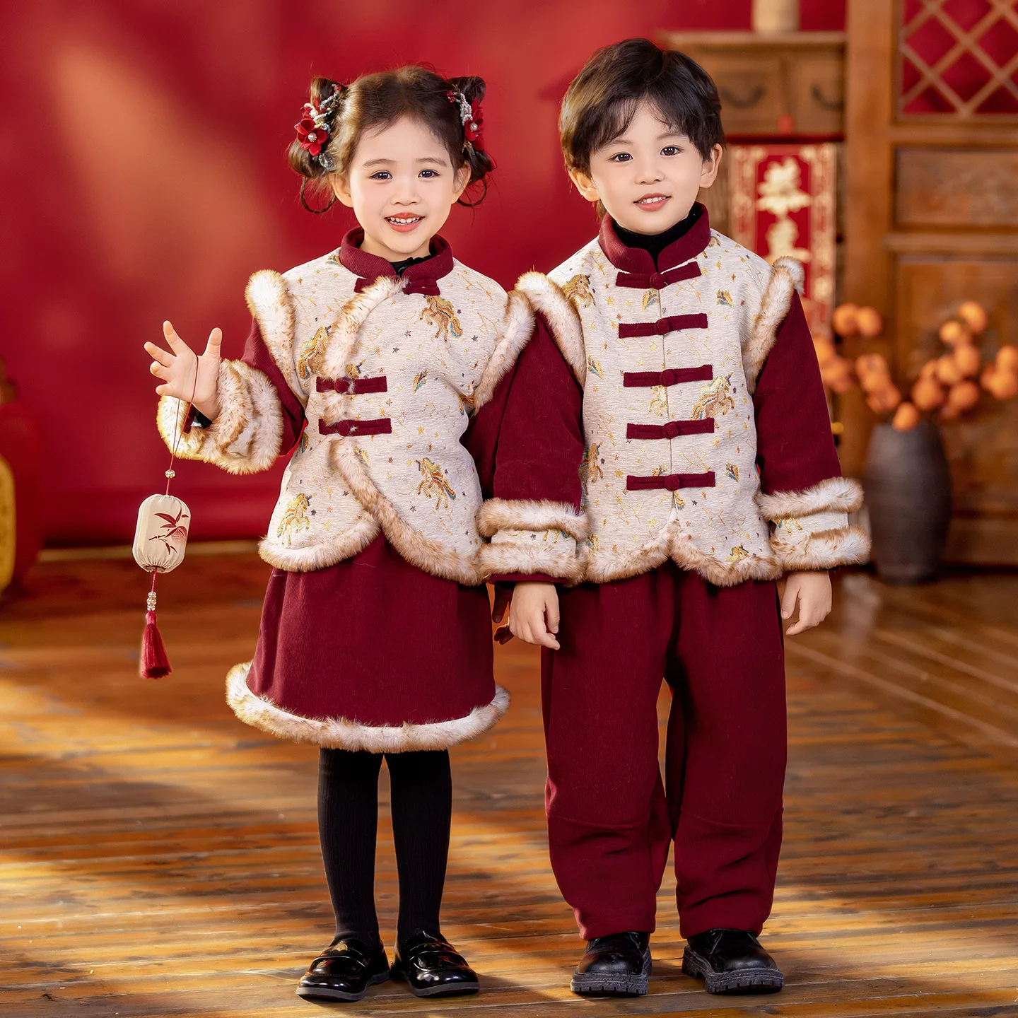 Winter Warm 90-160cm Child Tangsuit Traditional New Year Customes Kids Thicken Coat Pants Dress Outfits